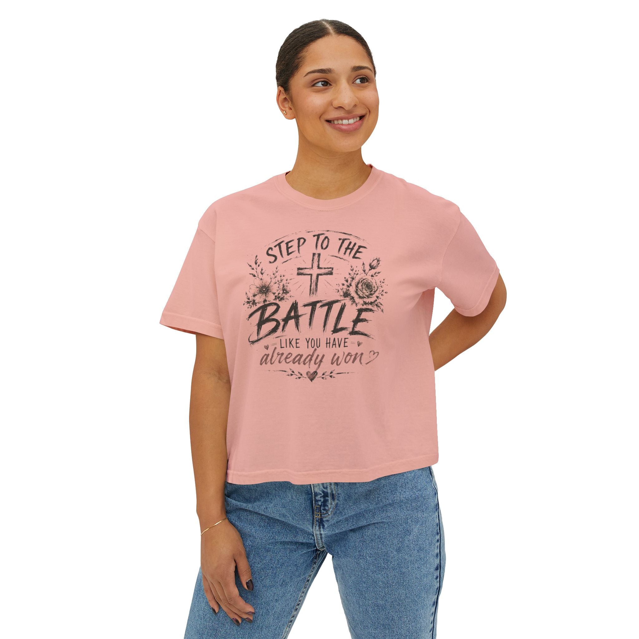 Step to the Battle like You Have Already Won Tee | Christian cross floral design