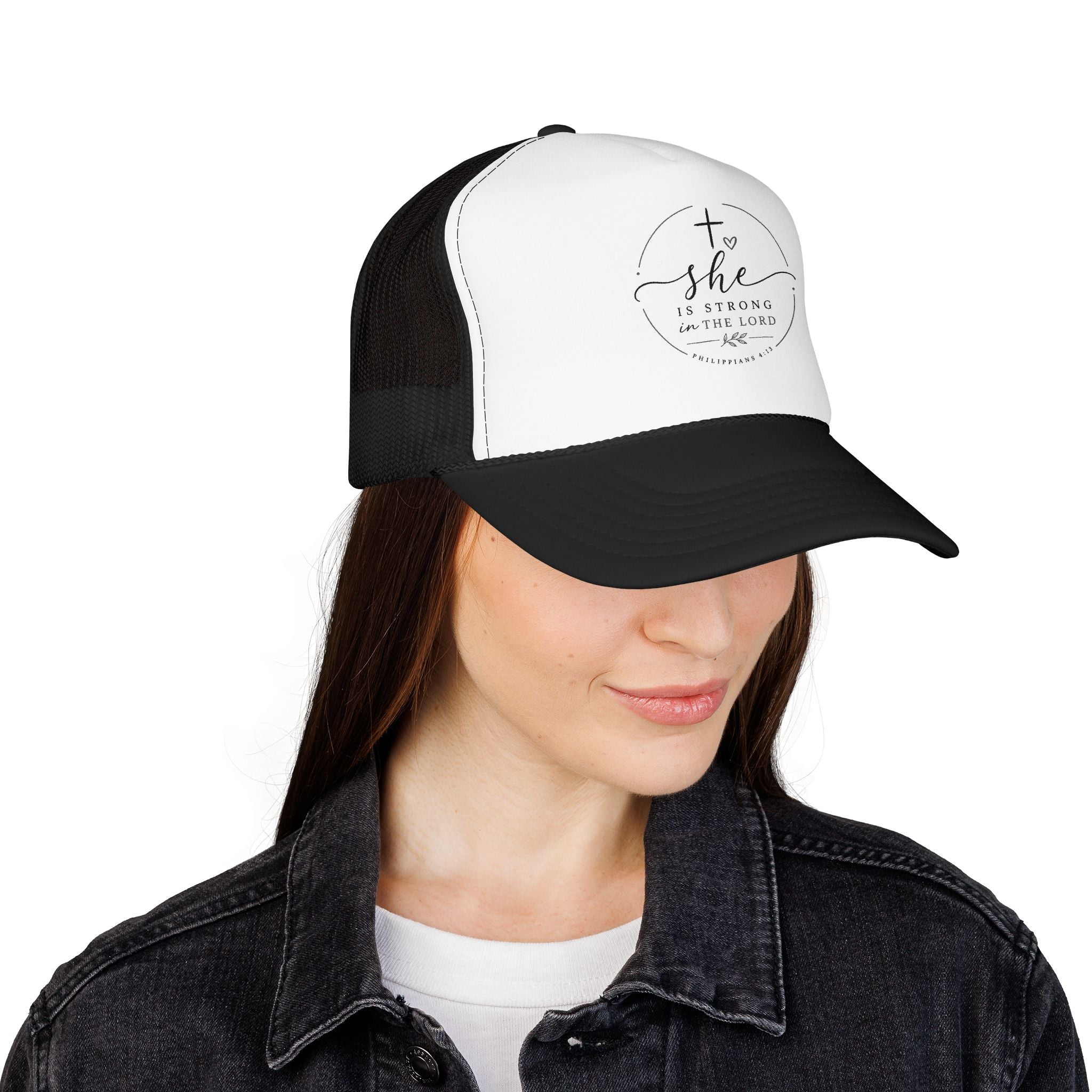 She Is Strong In The Lord Foam Trucker Hat | Christian Faith Mesh Cap