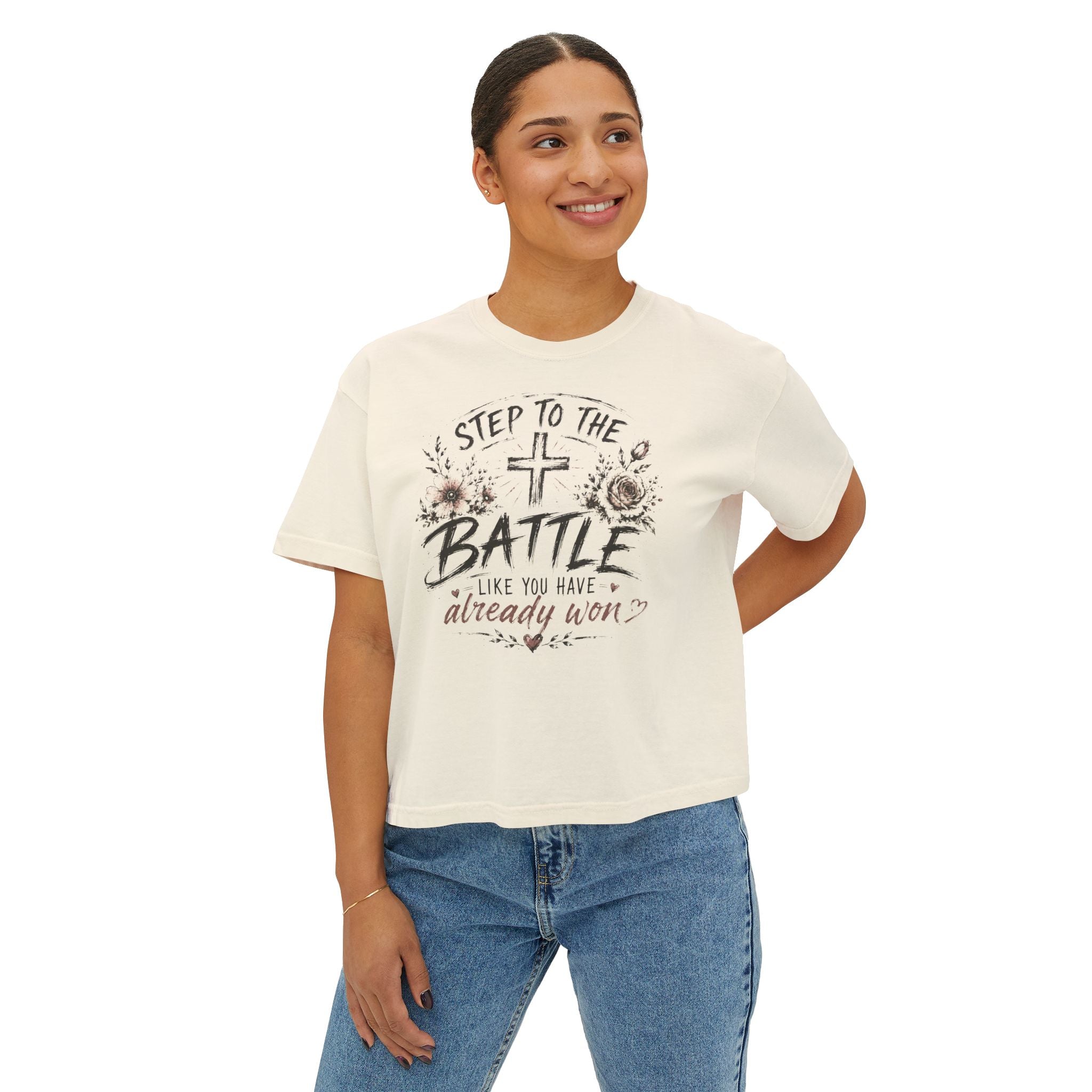 Step to the Battle like You Have Already Won Tee | Christian cross floral design
