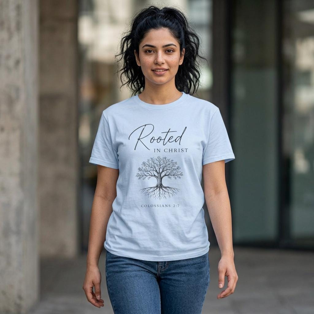 Rooted in Christ tree Shirt | Christian T-Shirt, Colossians 2:7 scripture tee