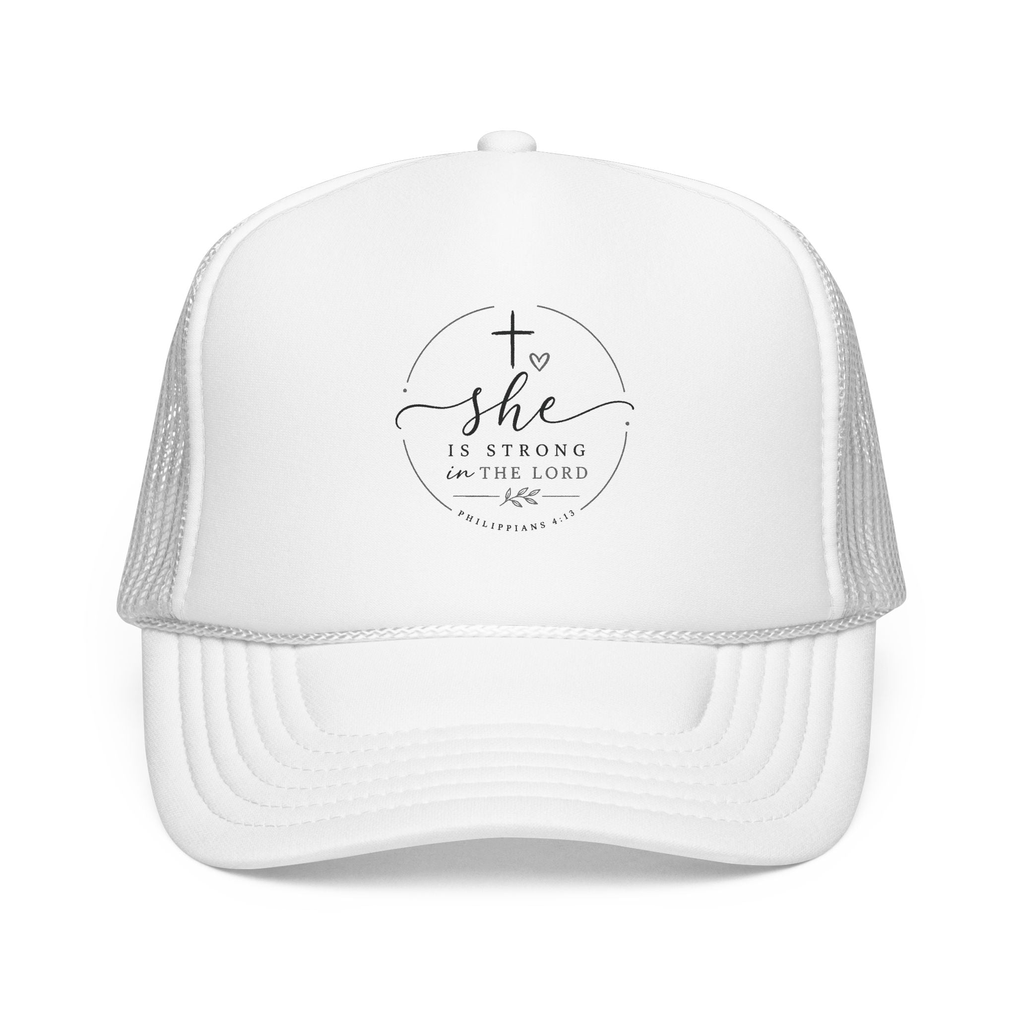 She Is Strong In The Lord Foam Trucker Hat | Christian Faith Mesh Cap