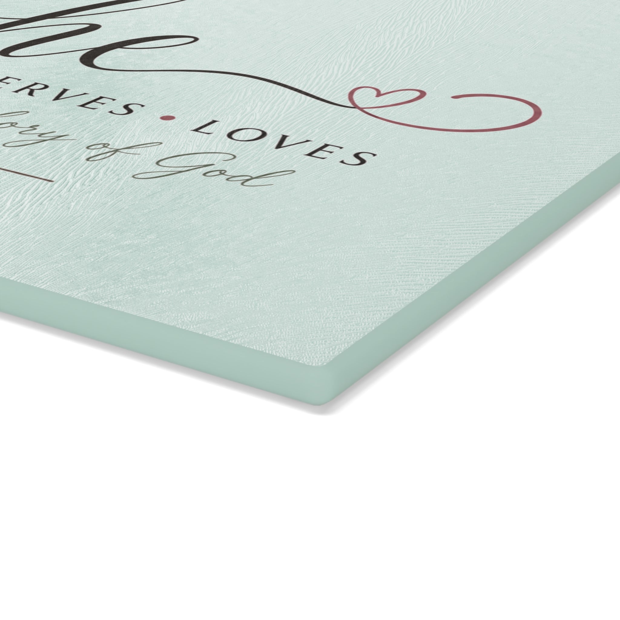 She Cooks Serves Loves glass cutting board | Faith Kitchen Decor