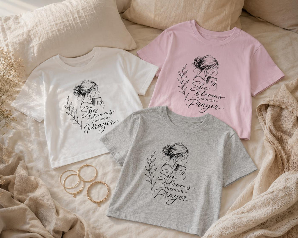 She Blooms Through Prayer Tee | Faith Floral Illustration
