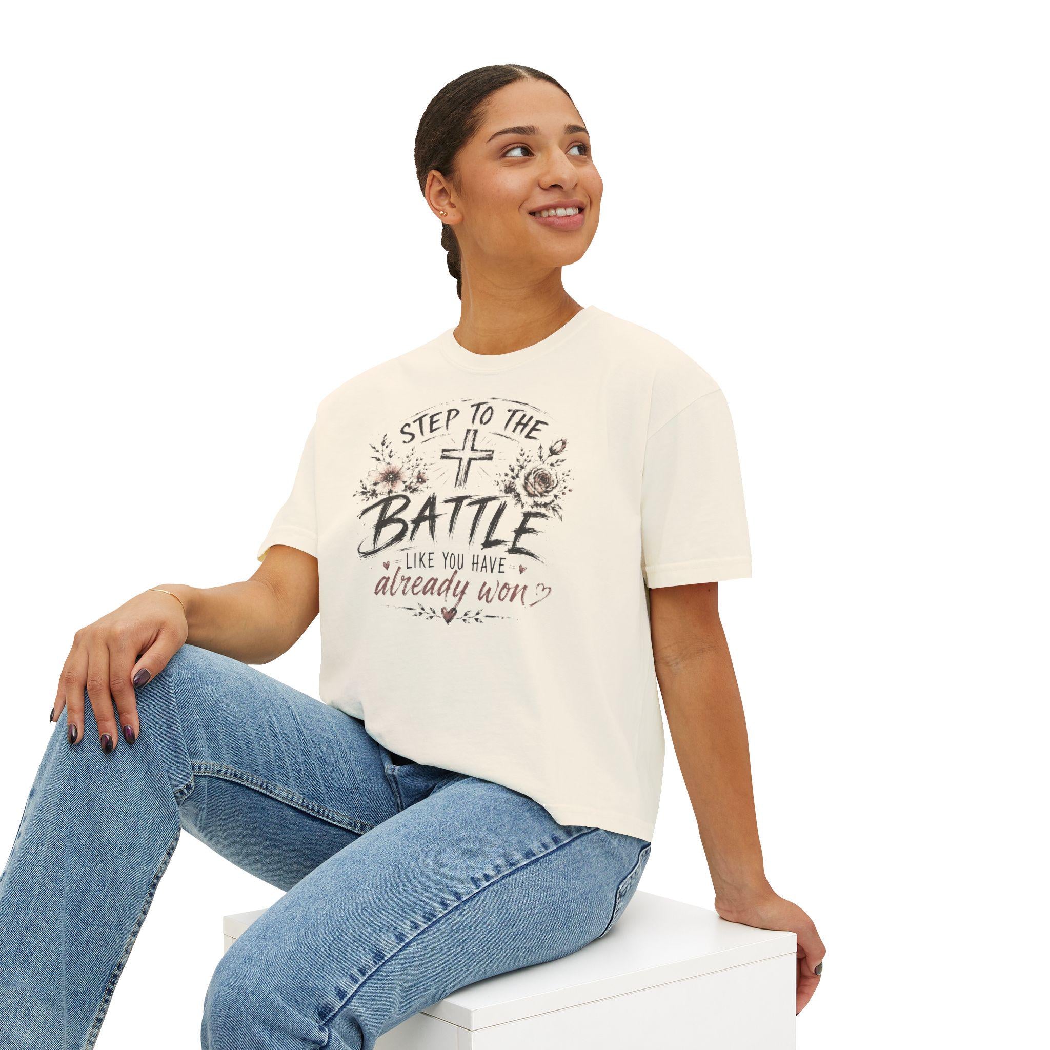 Step to the Battle like You Have Already Won Tee | Christian cross floral design