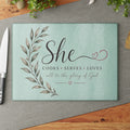 She Cooks Serves Loves glass cutting board | Faith Kitchen Decor