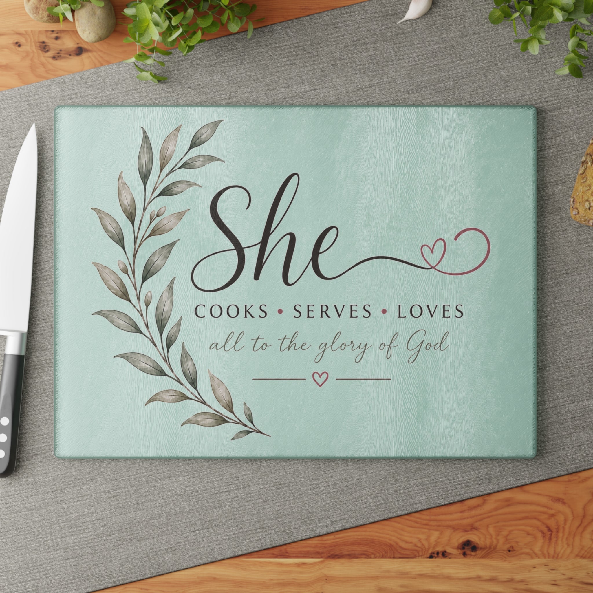 She Cooks Serves Loves glass cutting board | Faith Kitchen Decor
