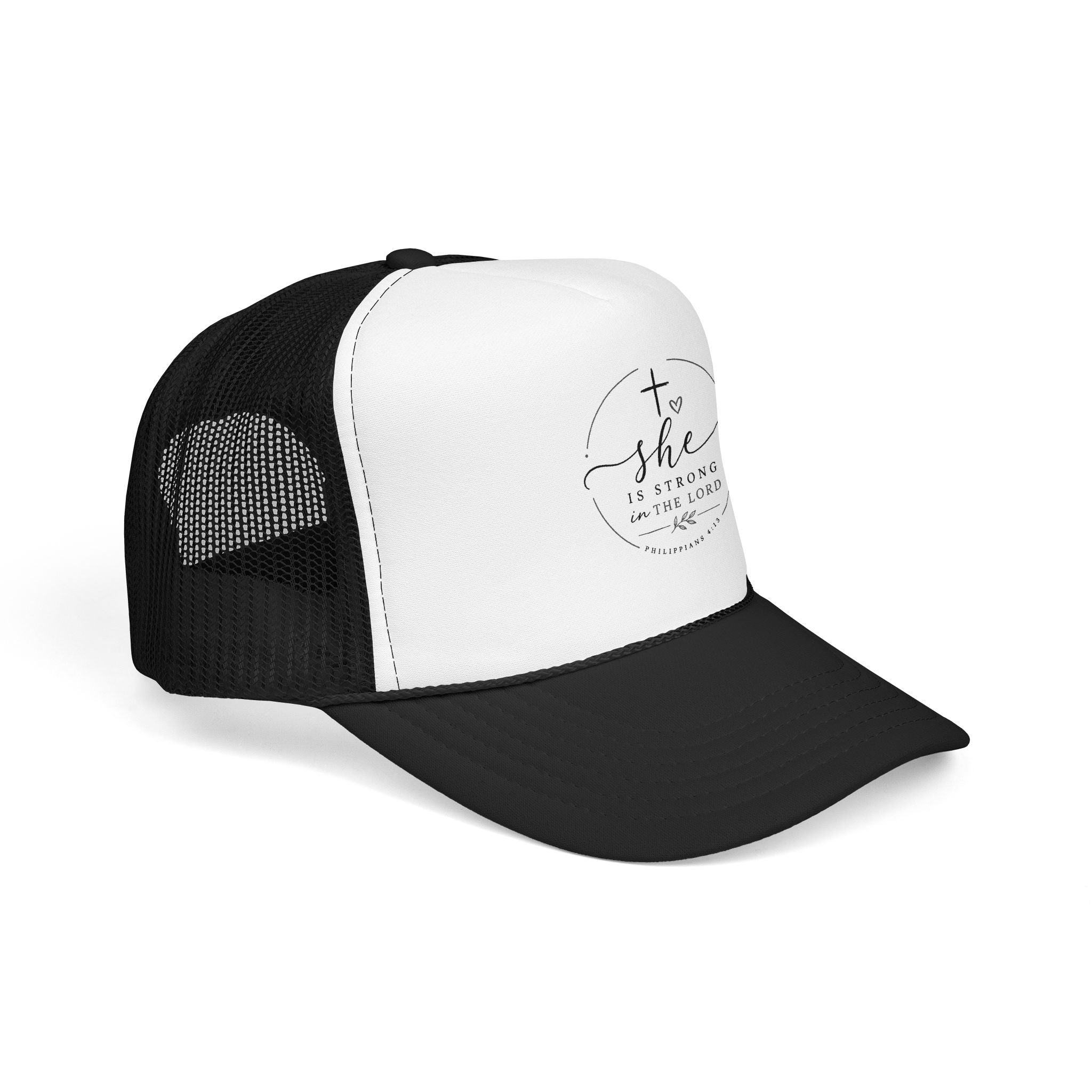 She Is Strong In The Lord Foam Trucker Hat | Christian Faith Mesh Cap