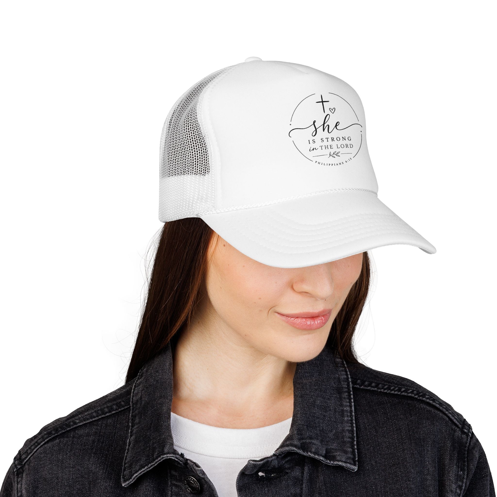 She Is Strong In The Lord Foam Trucker Hat | Christian Faith Mesh Cap