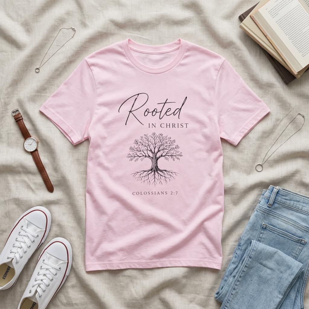 Rooted in Christ tree Shirt | Christian T-Shirt, Colossians 2:7 scripture tee