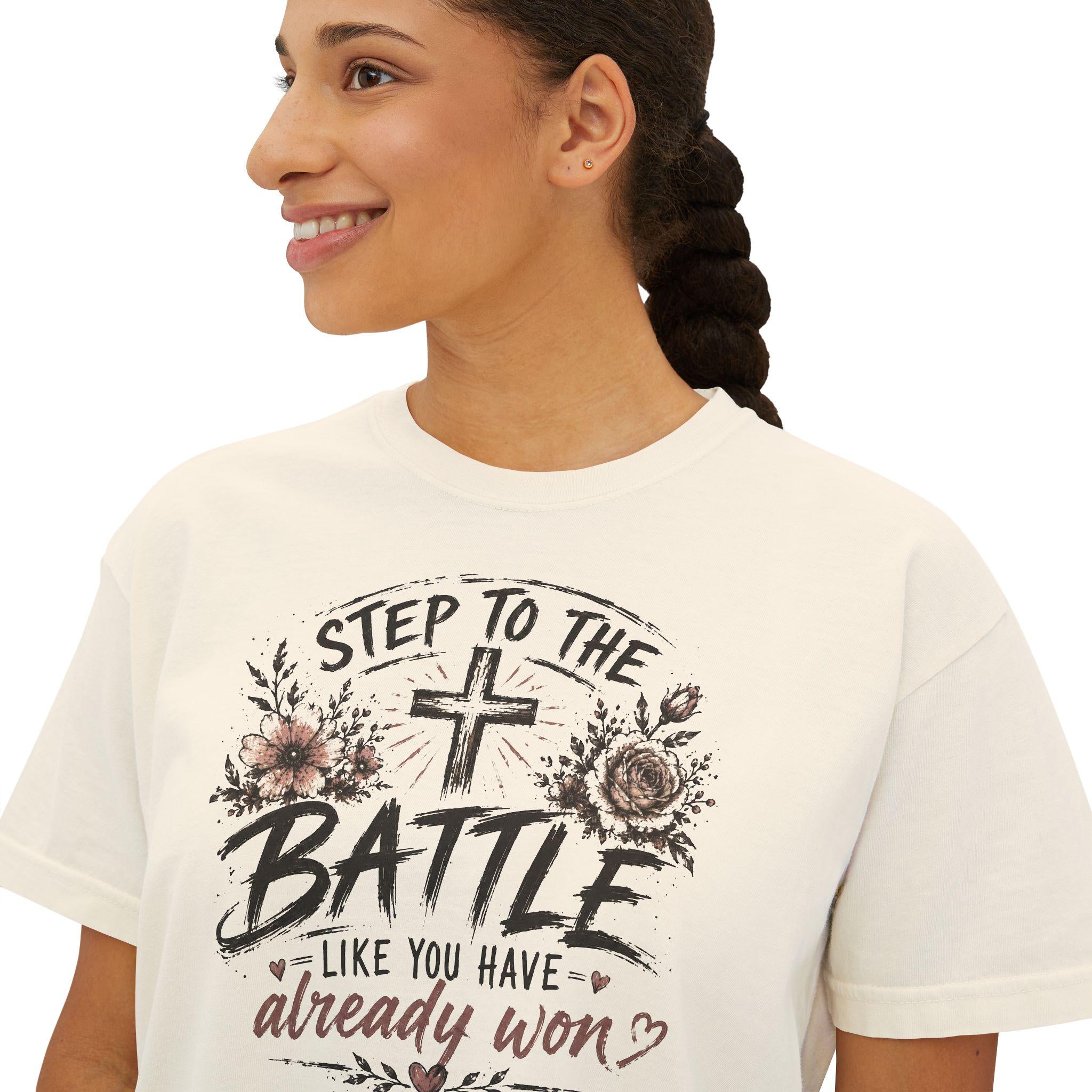 Step to the Battle like You Have Already Won Tee | Christian cross floral design