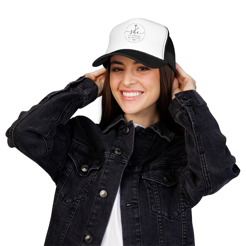 She Is Strong In The Lord Foam Trucker Hat | Christian Faith Mesh Cap