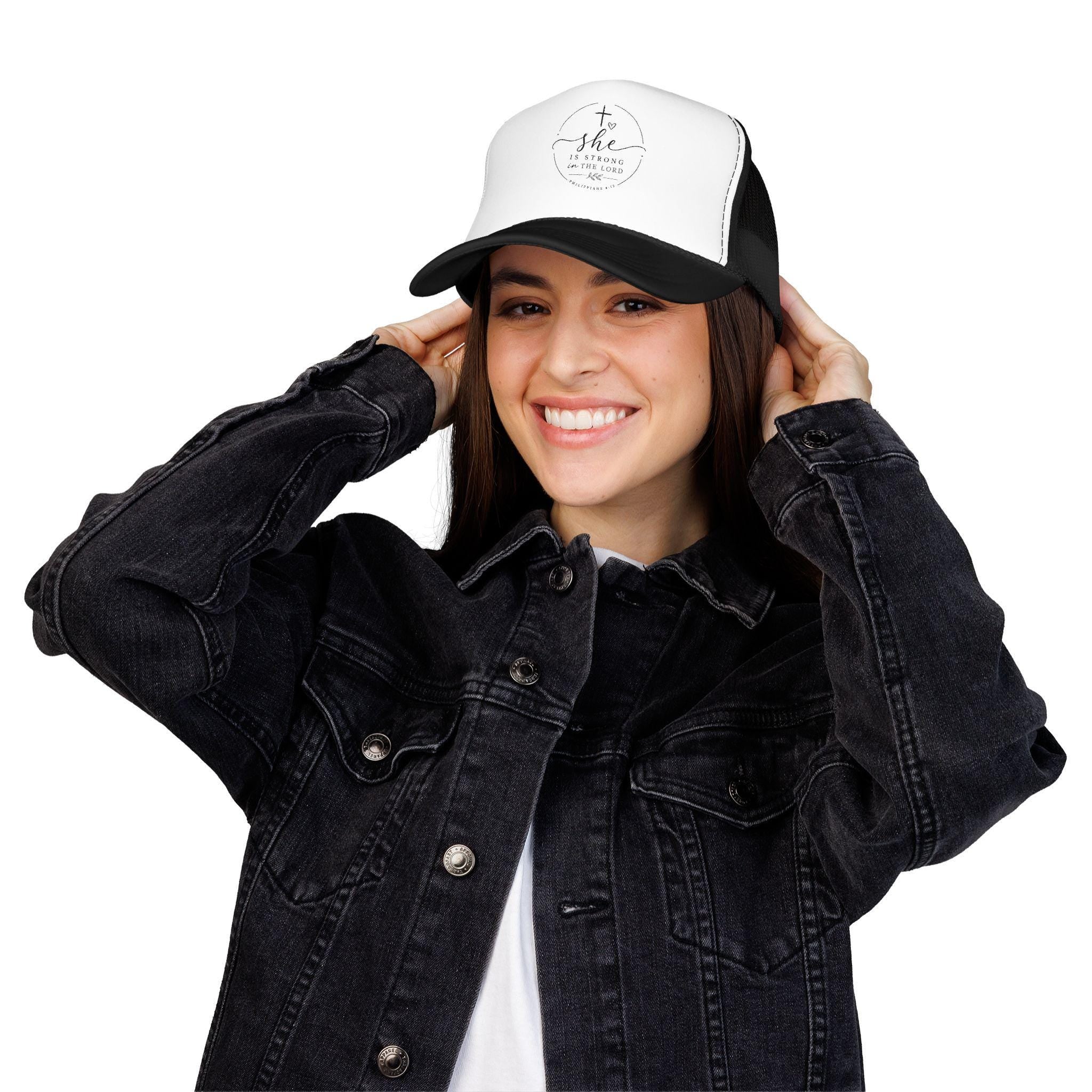 She Is Strong In The Lord Foam Trucker Hat | Christian Faith Mesh Cap